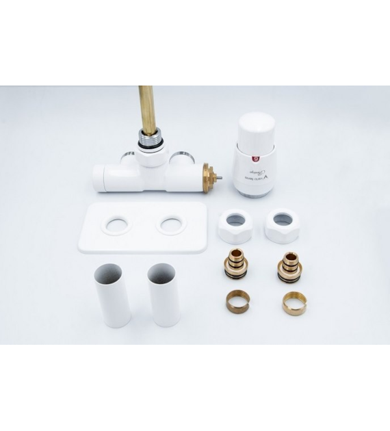 Zawory UNICO, Jednootworowy zestaw termostatyczny lewy rozeta prostokątna, złączki PEX, biały