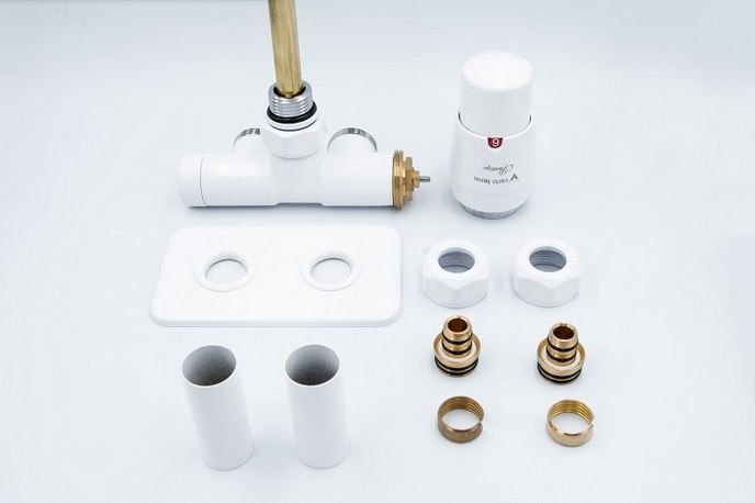 UNICO valves, Single-hole thermostatic set left rectangular rosette, PEX fittings, white
